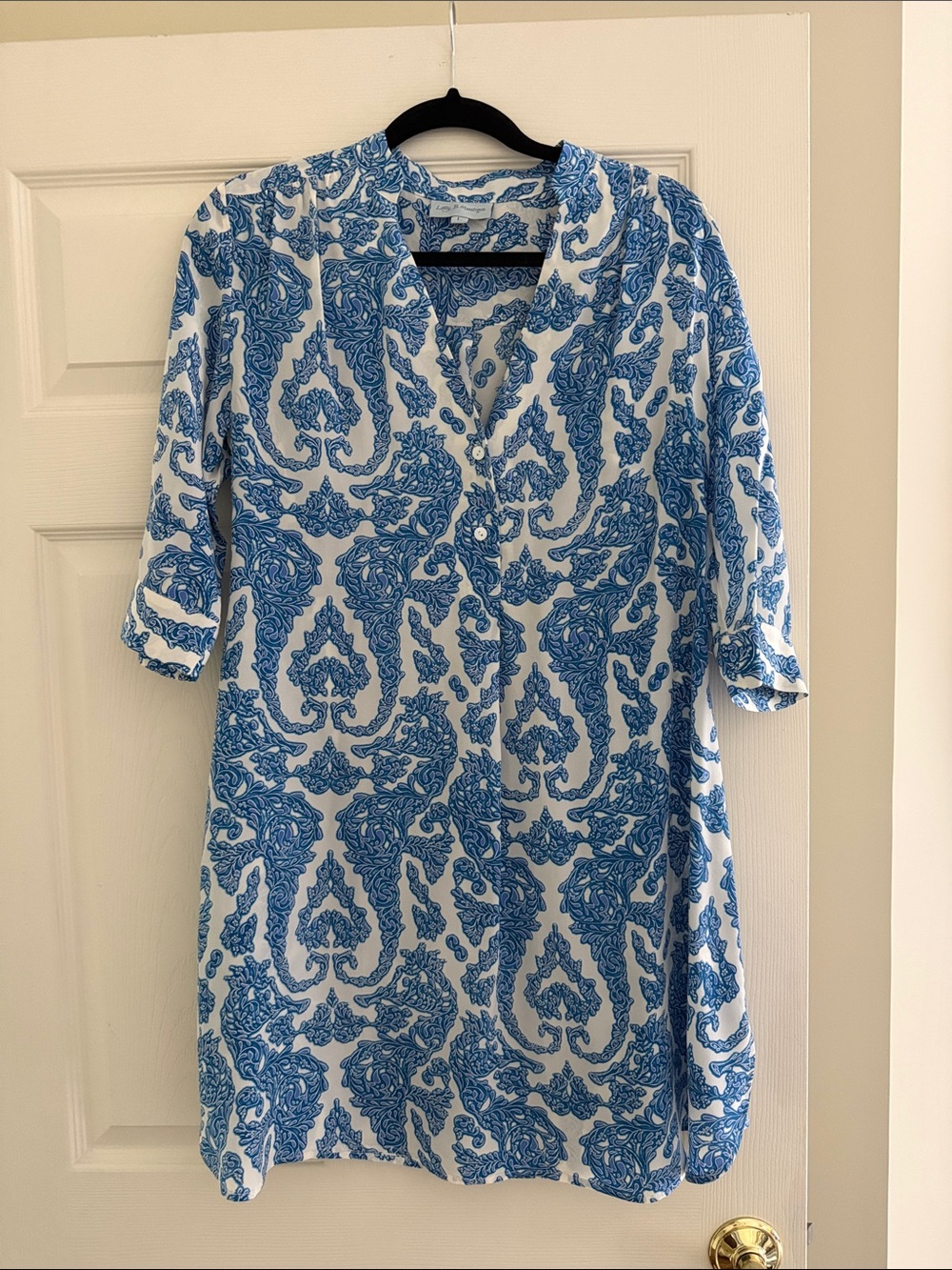 Blue and White Paisley Midi Dress with V-Neck